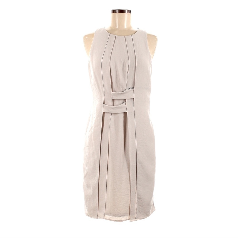 Sachin + Babi Beige Sheath Dress 6 Snake Print Leather Trim Crisscross Pleated